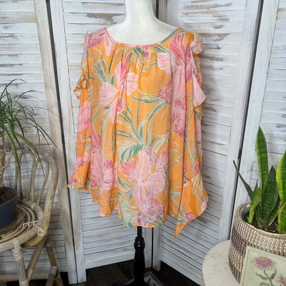 COCOMO Woman PLUS 3X Long Sleeve Cold Shoulder Tropical Floral Rayon Top Orange - Picture 6 of 16